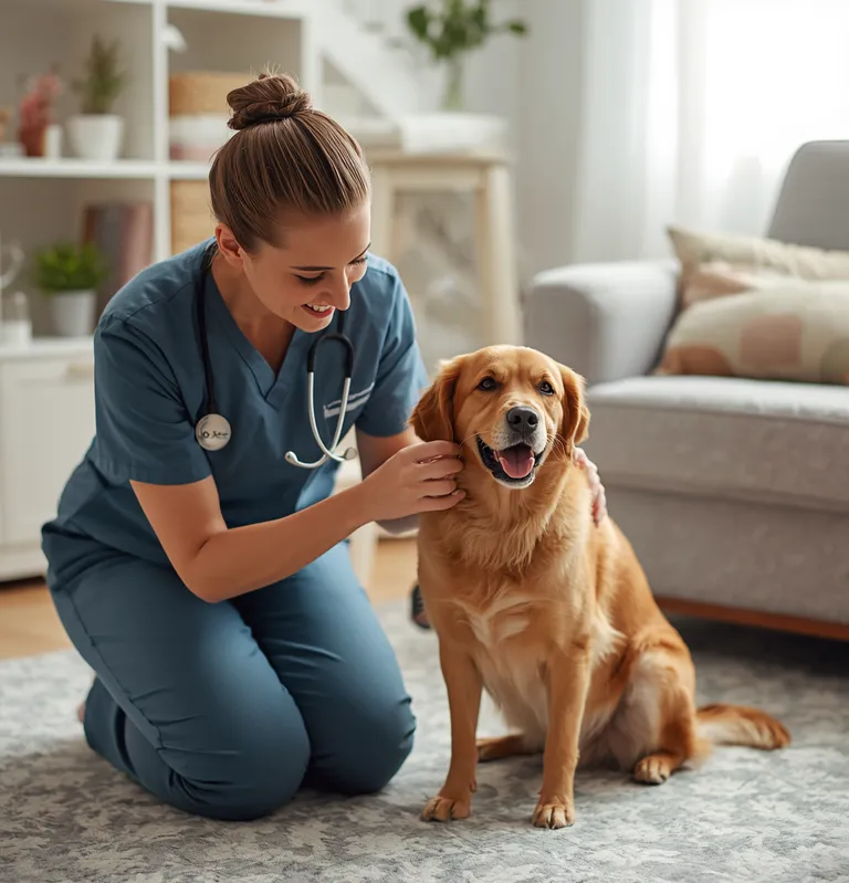 Veterinary technician caring for a dog at home
